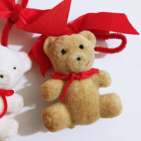 Vintage Flocked Teddy Bears Ornaments Set of 3 Christmas Decorations (z) - Picture 4 of 5